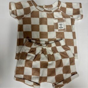 🧸 Newborn Set : Grayson Mini Matching Shorts Shirt Checker Boy Girl Brown Cream